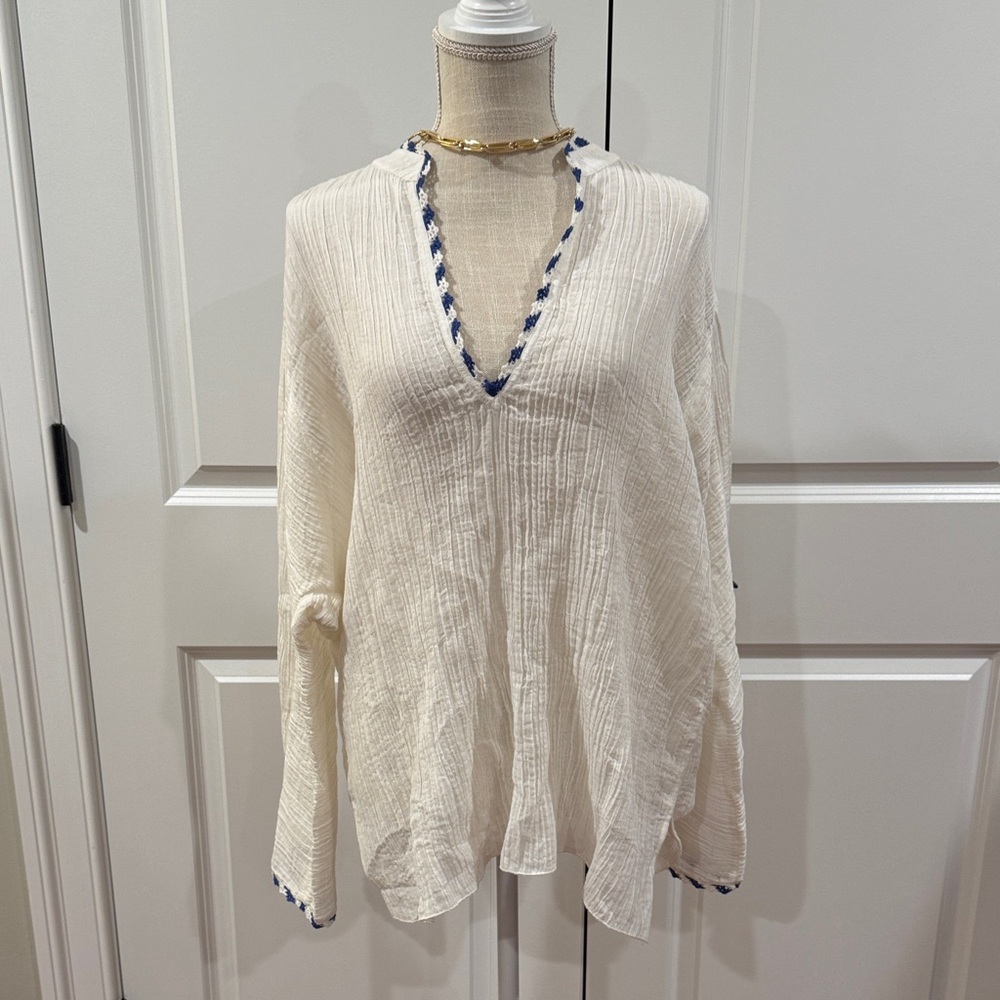 Tory Burch crinkle beach shirt with crochet detailed collar and sleves